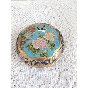 Rounc Hand Painted Chinese Porcelain Trinket Container: Water Lily Bird Design